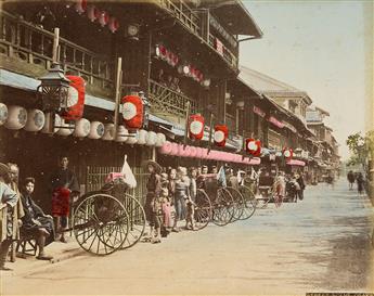 (JAPAN) A beautiful album of 50 hand-colored photographs depicting rich landscapes, busy street scenes, and lush gardens.                        